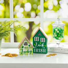 Glitzhome 8.5"H Set of 2 Lighted St. Patrick's Wooden House-shaped Table Decor