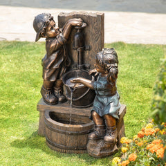 Glitzhome 26"H Polyresin LED Bronze Children Playing with Faucet Outdoor Water Fountain Boy and Girl Statue for Patio Garden