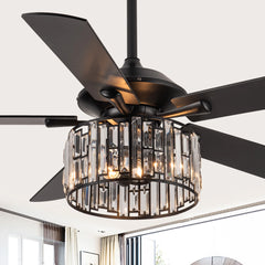 Parrot Uncle 52" Black Wood Modern Crystal Indoor Ceiling Fan Chandelier with Remote
