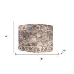 HomeRoots 18" Ivory and Taupe Upholstered Medallion Pouf Ottoman