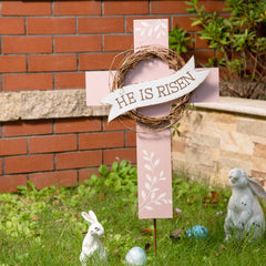Glitzhome 32"H Easter Wooden Metal Cross Yard Stake Wall Decor