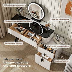 Modern Vanity Table with Tempered Glass Top, Adjustable Height Legs, Multi-functional Storage Cabinet and Round Mirror