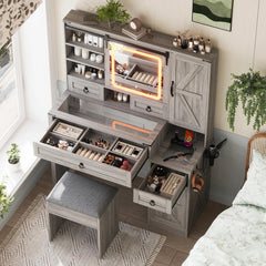 Farmhouse Vanity Desk with Sliding Mirror & Lights, Glass Top Vanity Set
