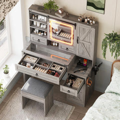 Farmhouse Vanity Desk with Sliding Mirror & Lights, Glass Top Vanity Set