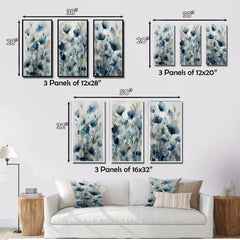 Designart "Blue Leaf Foliage And Flowers III" Floral Leaves Framed Wall Art Set Of 3 For Home Decor