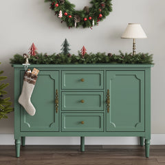 Green Storage Cabinet with 2 Doors & 3 Drawers, Buffet Cabinet with Adjustable Shelves and Turned Legs