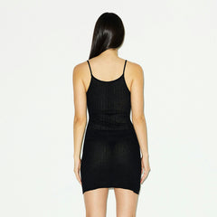 SHEER KNIT PLUNGE MINI DRESS | ONYX