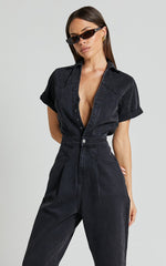 Jordyn Jumpsuit - Short Sleeve Collared Button Through Denim Jumpsuit in Black Wash