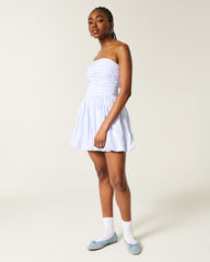 Ruched Bubble Skort Dress-blue stripe