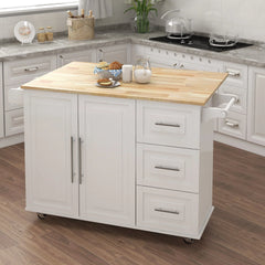 Modern Multifunctional Kitchen Island with 1 Cabinet Spice Rack, Towel Rack and Extensible Table Top, for Kitchen, White