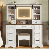 Large Makeup Vanity and Stool Set, Farmhouse Vanity Desk Dressing Table with Sliding Mirror & Charging Station