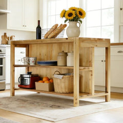 59.05" Solid Wood Kitchen Island with Storage, Dining Prep Table