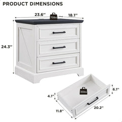 Farmhouse 3-Drawer Nightstand, Wide End Table with Charging Station