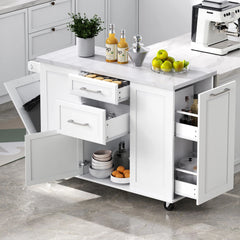 Vintage Rolling Kitchen Cart and Island with Drop Leaf, Tilt Trash Can Cabinet, 2 Drawers and 2-tier Pull-out Storage Organizer