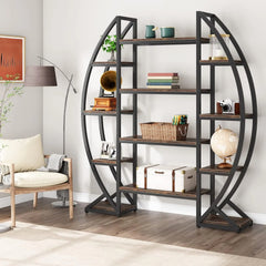Industrial Bookshelf, Oval Triple Wide 5 Tiers Etagere Bookcase - 11.81"D x 55.11"W x 69.68"H