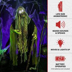Haunted Hill Farm 5.7-Ft. Life-Size Talking Animatronic Witch with White Eyes
