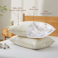 Set of 2 100% Organic Cotton Down Feather Pillow-in-a-pillow Design Bed Pillow