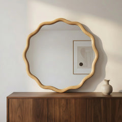 24 inch Wavy Round Solid Wood Frame Decorative Mirror