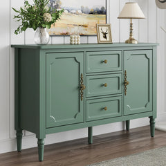 Green Storage Cabinet with 2 Doors & 3 Drawers, Buffet Cabinet with Adjustable Shelves and Turned Legs