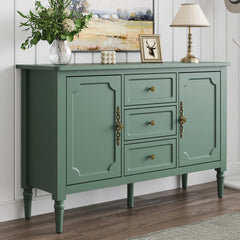 Green Storage Cabinet with 2 Doors & 3 Drawers, Buffet Cabinet with Adjustable Shelves and Turned Legs