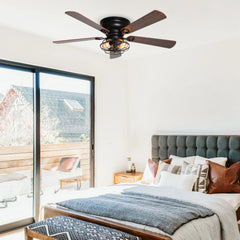 Industrial 48-in Wood 5-Blade Flush Mount Black Low Profile Ceiling Fan with Remote and Light Kit