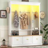 Elegant APP Controlled LED Light Hall Tree with 9 Hooks, Natural Storage Bench with 3 Large Cabinets, with Shelves