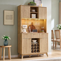 72" Wine Bar Cabinet, Modern Wood Coffee Bar Cabinet with LED Lights