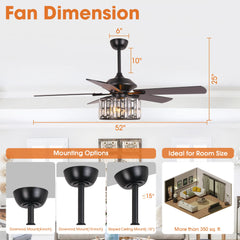 Parrot Uncle 52" Black Wood Modern Crystal Indoor Ceiling Fan Chandelier with Remote