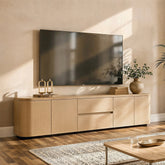 Modern Oak Wood TV Stand with 2 Drawers and Cabinets, 86.6" Long Media Console with Push-to-Open Doors, Anti-Tip Safety Design