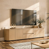 Modern Oak Wood TV Stand with 2 Drawers and Cabinets, 86.6" Long Media Console with Push-to-Open Doors, Anti-Tip Safety Design