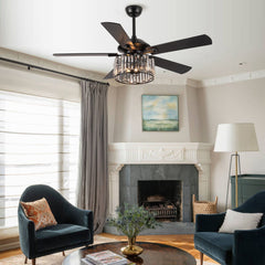 Parrot Uncle 52" Black Wood Modern Crystal Indoor Ceiling Fan Chandelier with Remote