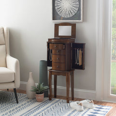 Linon Serena Mirrored Walnut Standing Jewelry Armoire