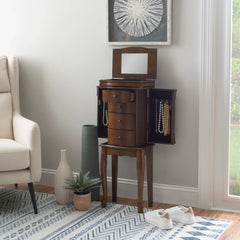 Linon Serena Mirrored Walnut Standing Jewelry Armoire