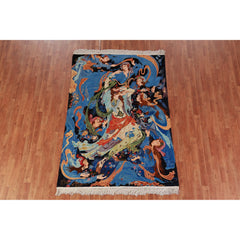 Hand Knotted Oriental Kork Wool Carpet Traditional All-Over Navy Blue & Blues Tabriz Area Rug - 6' 11'' X 4' 9''