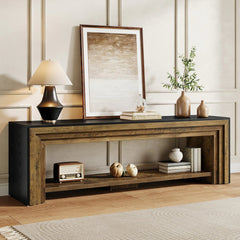 Long TV Stand for TVs, Wooden Entertainment Center with Storage Shelves, Low Media Console for Living Room, Bedroom