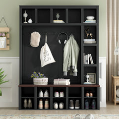 Wood Hall Tree with 6 Hooks, Practical Storage Bench with Adjustable Shelves Entryway Shoe Cabinet with 13 Cubbies