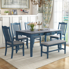 Mid-Century Modern 6-Piece Dining Table Set with Storage Drawer and Upholstered Chairs for Kitchen or Dining Room Use