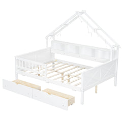 Full Size House Frame Platform Bed with LED Canopy, Storage Drawers & Bookshelf