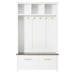 Elegant 4-in-1 Hall Tree with Golden Hooks, Wood Grain Bench, and Ample Storage