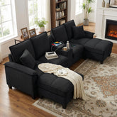 Homy Casa 120" U-Shaped Modular Corduroy Sectional Sofa Bed w/ Storage, Cup Holders & USB, 4-Seat (Beige/Green/Gray/Black)