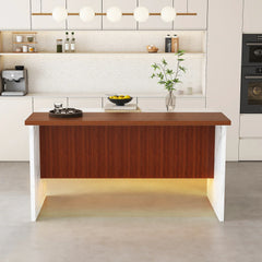 63" Kitchen Island with Marble Look Surface, LED Lights & Grille Design