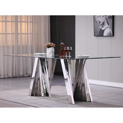 Luxury Tempered Glass Dining Table with Mirrored Stainless Steel Base