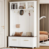 Elegant 4-in-1 Hall Tree with Golden Hooks, Wood Grain Bench, and Ample Storage