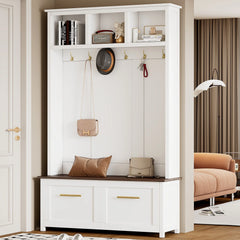 Elegant 4-in-1 Hall Tree with Golden Hooks, Wood Grain Bench, and Ample Storage