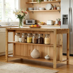 59.05" Solid Wood Kitchen Island with Storage, Dining Prep Table