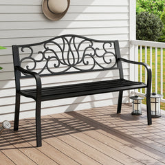 Gymax 2-person Metal Bench w/ Floral Pattern Slanted Backrest Slatted