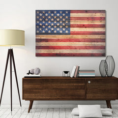 American Flag Print on Solid Fir Wood Plank Wall Art