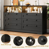 6 Drawer Large Wooden Dresser, with LED Light and Power Outlet