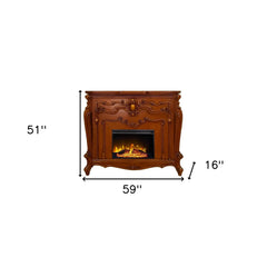 59" Brown Wood Ornate Carved Scrollwork Electric Fireplace With Mantle