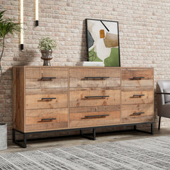 Vintage 9-Drawer Dresser 63" Wide Wood Rustic Chest of Drawers